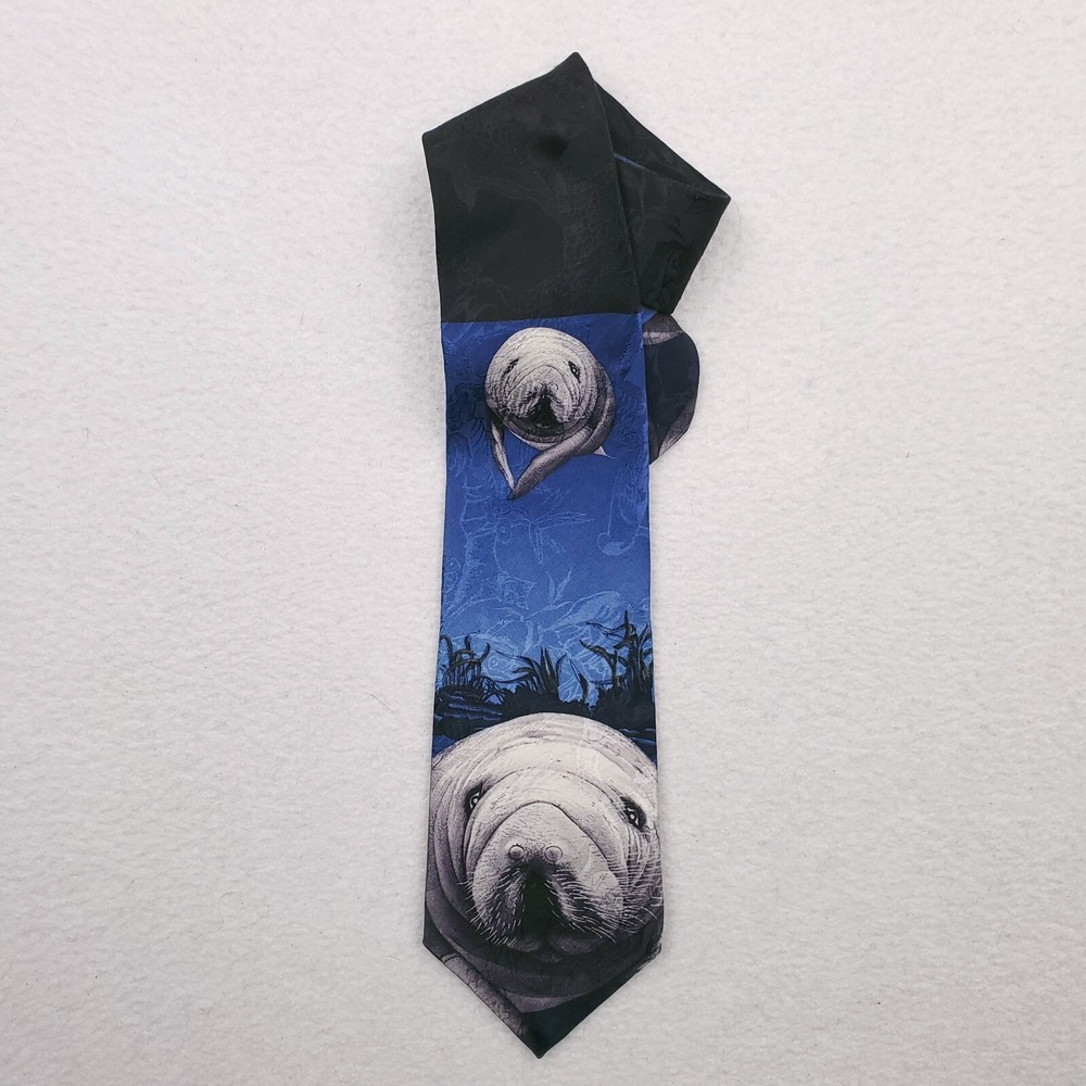 Endangered Species Manatee Tie Necktie Mens Blue Black Florida Silk Wide 56x3.75